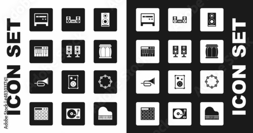 Set Stereo speaker, Music synthesizer, Guitar amplifier, Drum, Home stereo, Tambourine and Trumpet icon. Vector