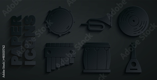 Set Drum, Vinyl disk, Pan flute, Balalaika, Trumpet and Dial knob level icon. Vector