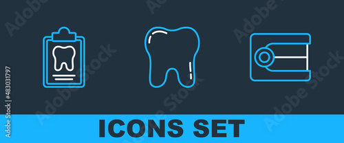Set line Dentures model, Dental card and Tooth icon. Vector