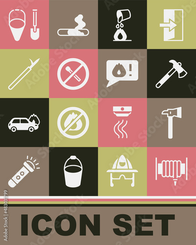 Set Fire hose reel, Firefighter axe, Bucket extinguishing fire, No match, Metal pike pole, shovel and bucket and Telephone call 911 icon. Vector