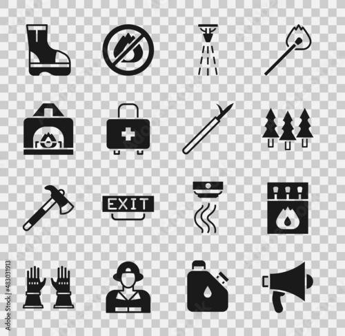 Set Megaphone, Matchbox and matches, Forest, Fire sprinkler, First aid kit, Interior fireplace, boots and Metal pike pole icon. Vector