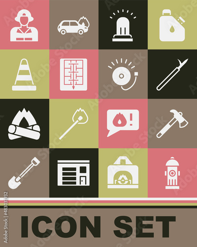 Set Fire hydrant, Firefighter axe, Metal pike pole, Ringing alarm bell, Evacuation plan, Traffic cone, and icon. Vector