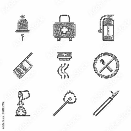Set Smoke alarm system, Burning match with fire, Metal pike pole, No, Bucket extinguishing, Walkie talkie, Fire extinguisher and Ringing bell icon. Vector
