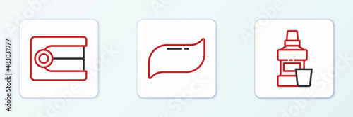 Set line Mouthwash bottle, Dentures model and Toothpaste icon. Vector