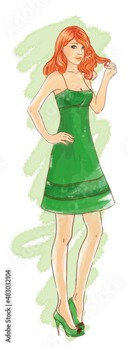 Hand-drawn fashion model, watercolor illustration of redhead woman touch her ...