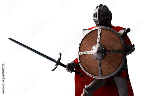 Knight with sword and wooden shield on white background 3D illustration