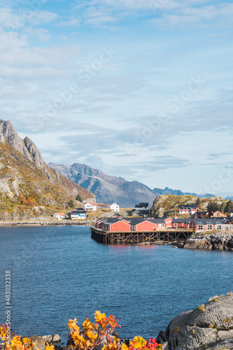 Obraz na płótnie Typical norwegian village with red houses w salonie