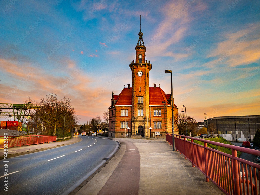 Old harbor with tower in Dortmund