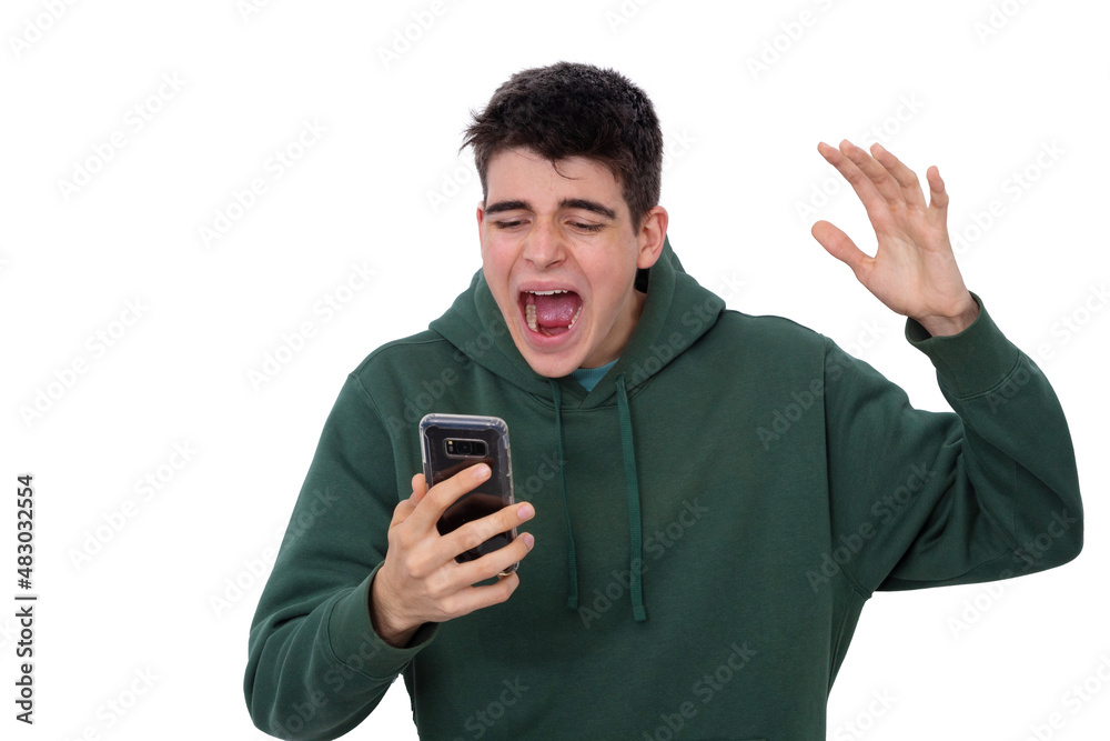 isolated teenage boy screaming with mobile phone