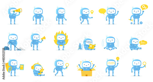 Robot boy. Character big pack. Cute Robot mascot set. Cartoon vector illustrations.