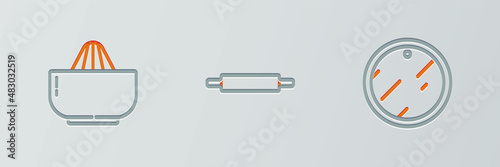 Set line Cutting board, Citrus fruit juicer and Rolling pin icon. Vector