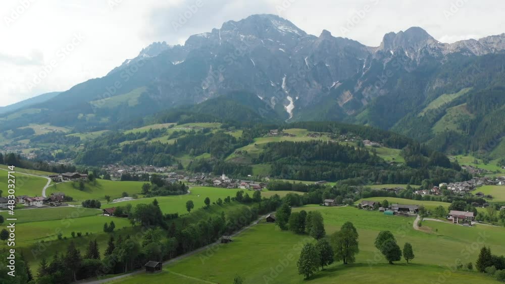 aerial view of Leogang village, Austria, with glorious mountain background, summer aerial view of Leogang village, Austria, with glorious mountain background, summer