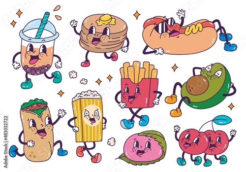 Set of Retro Cartoon Food Vector Clip Art Isolated on White Background