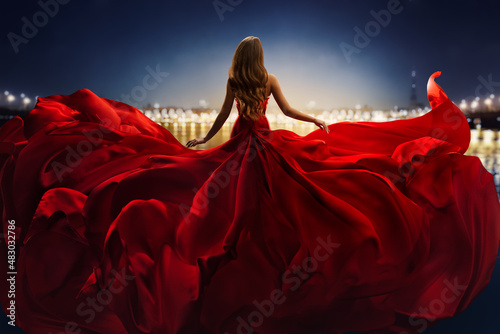 Canvas Print Fashion Woman in Red fluttering Dress Back Side Rear View
