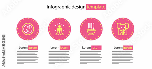 Set line Incense sticks, Elephant, Hands in praying position and Yin Yang icon. Vector