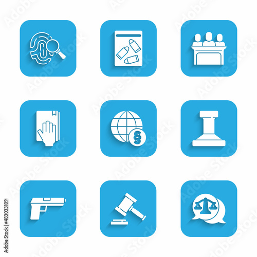 Set International law, Judge gavel, Scales of justice, Stamp, Pistol or gun, Oath the Holy Bible, Jurors and Fingerprint icon. Vector