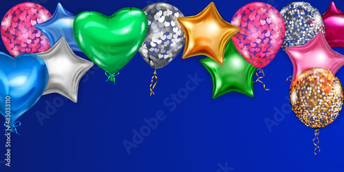 Vector illustration with flying colored helium balloons in various shapes and colors on blue background