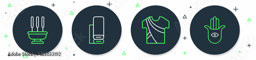 Set line Indian textile fabric, man dress, Incense sticks and Hamsa hand icon. Vector