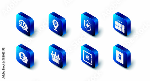 Set Location law, Police badge, Briefcase, Law book, Safe, Jurors, and Scales of justice icon. Vector