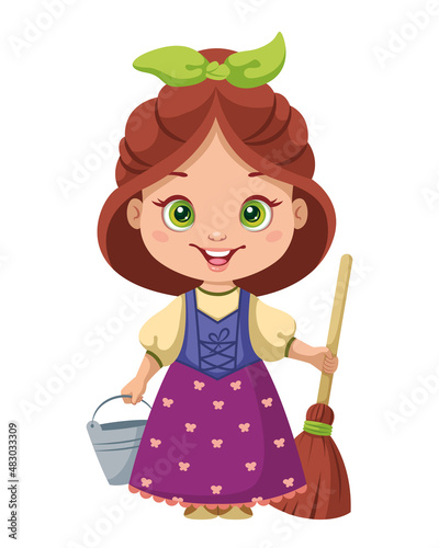 Cartoon peasant girl with bucket and mop. Cinderella as maid. Cartoon vector illustration
