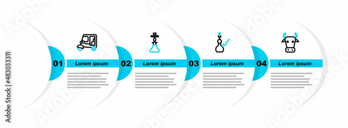 Set line Cow, Hookah, and Taxi tuk tuk icon. Vector