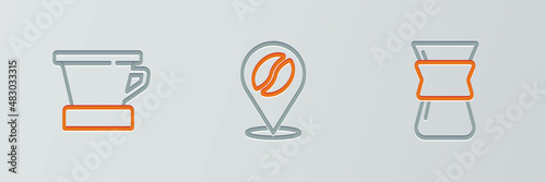 Set line Pour over coffee maker, V60 and Location with bean icon. Vector