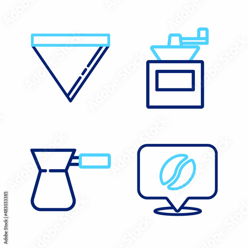 Set line Location with coffee bean, Coffee turk, Manual grinder and paper filter icon. Vector