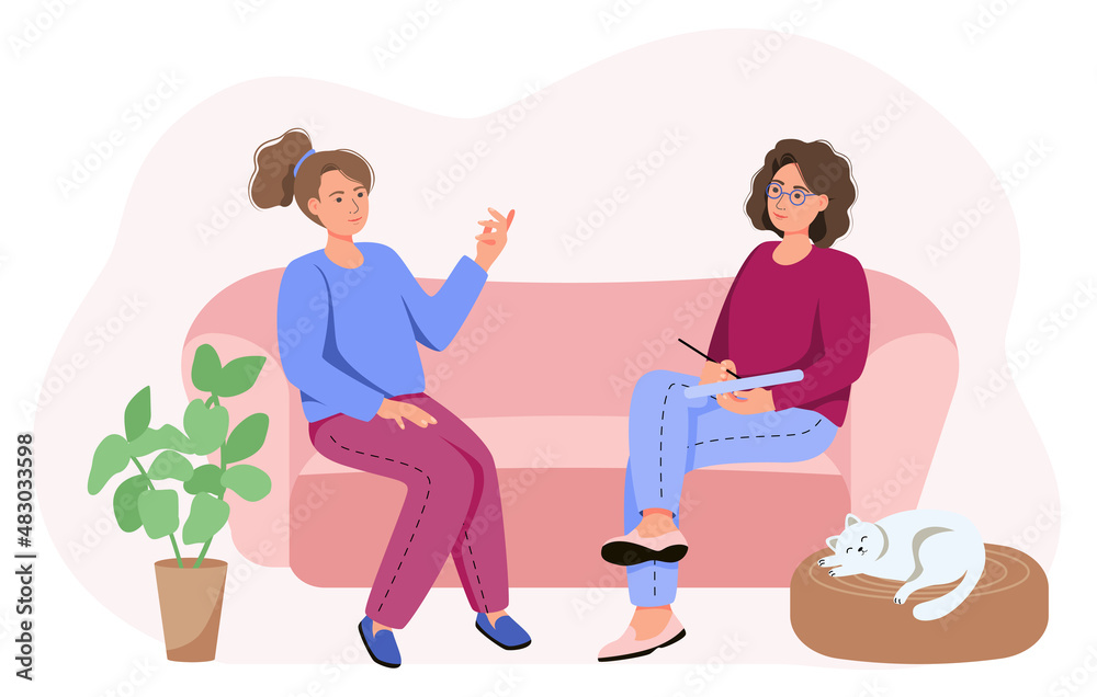 A woman visits a psychologist's office. The patient sits on the couch and talks to a psychiatrist. Vector illustration for therapy session, psychotherapeutic counseling concept