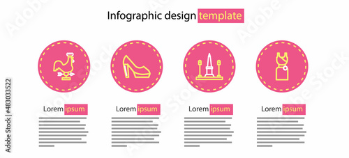 Set line Place De La Concorde, Woman dress, shoe and Rooster weather vane icon. Vector