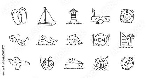 Icons set yacht tourism. Vacation travel and recreation. Sea beach and attractions. Vector line icon.