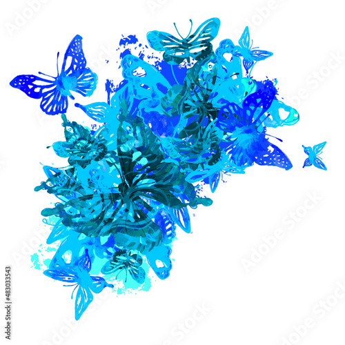 Amazing background with butterflies and flowers painted with watercolors