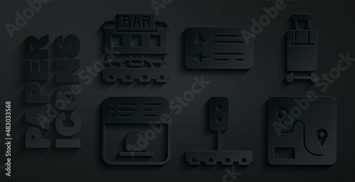 Set Train traffic light, Suitcase, Ticket office to buy tickets, Route location, Road signpost and Restaurant train icon. Vector