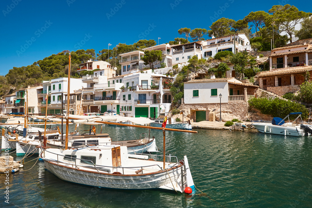Picturesque Mediterranean coastline in Mallorca. Figuera cove. Llauts boats. Spain