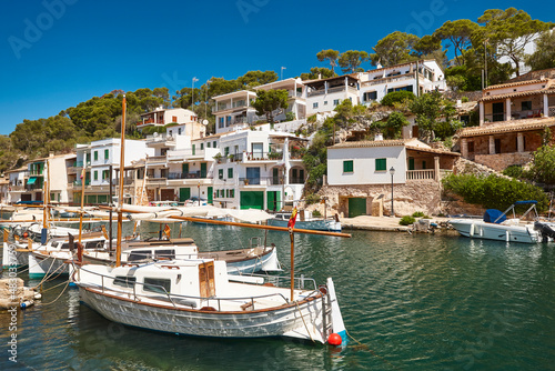 Picturesque Mediterranean coastline in Mallorca. Figuera cove. Llauts boats. Spain