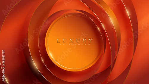 Orange luxury background with circle frame decoration and golden 3d ribbon and glitter light effect element.