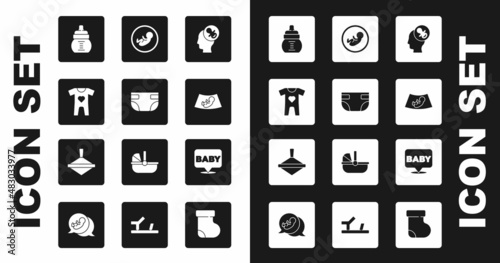 Set Baby dummy pacifier, absorbent diaper, clothes, bottle, Ultrasound of baby, and Whirligig toy icon. Vector