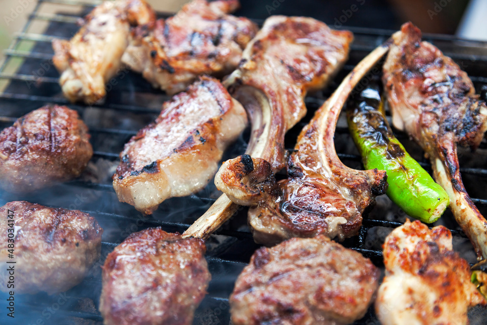 Meat and Vegetables Grilled on Barbeque Detail