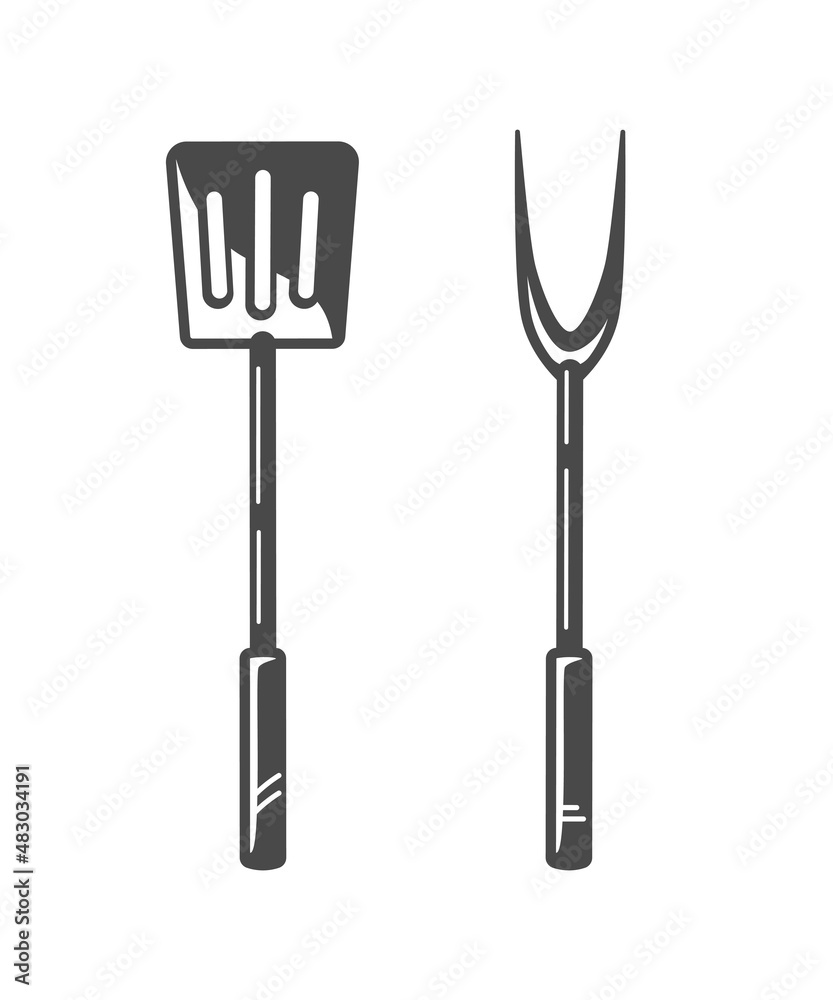 Barbeque Spatula and Fork isolated on white background. BBQ Concept. Barbecue Grill Icon. Vector illustrations