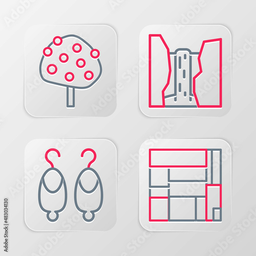 Set line House Edificio Mirador, Earrings, Algar waterfall and Orange tree icon. Vector