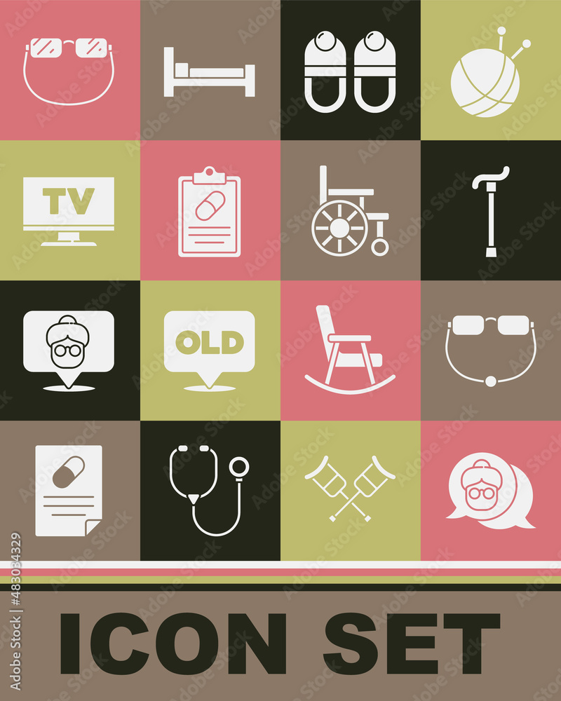 Set Grandmother, Eyeglasses, Walking stick cane, Slippers, Medical prescription, Smart Tv, and Wheelchair icon. Vector Set Grandmother, Eyeglasses, Walking stick cane, Slippers, Medical prescription, Smart Tv, and Wheelchair icon. Vector
