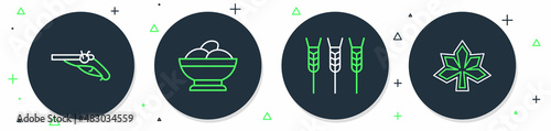 Set line Varenyky in a bowl, Wheat, Vintage pistols and Chestnut leaf icon. Vector