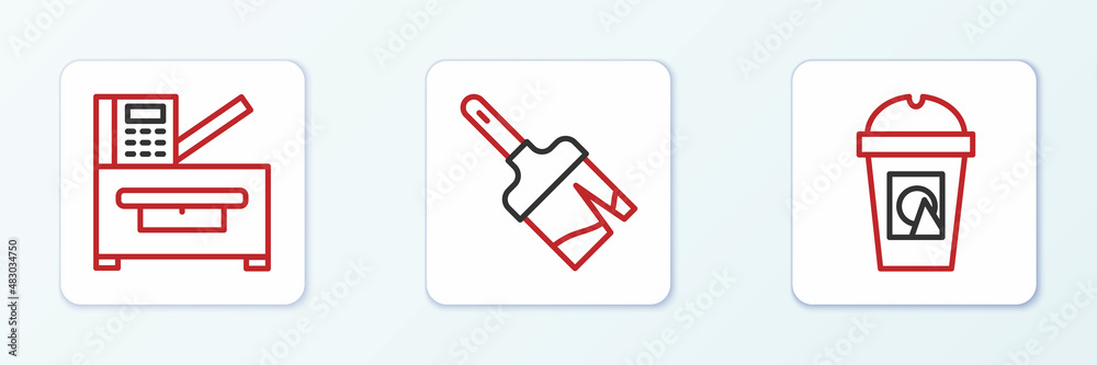 Set line Coffee cup to go, Copy machine and Paint brush icon. Vector Set line Coffee cup to go, Copy machine and Paint brush icon. Vector