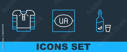 Set line Vodka with pepper and glass, Embroidered shirt and Flag of Ukraine icon. Vector