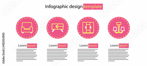 Set line Wardrobe, Chandelier, Chest of drawers and Armchair icon. Vector