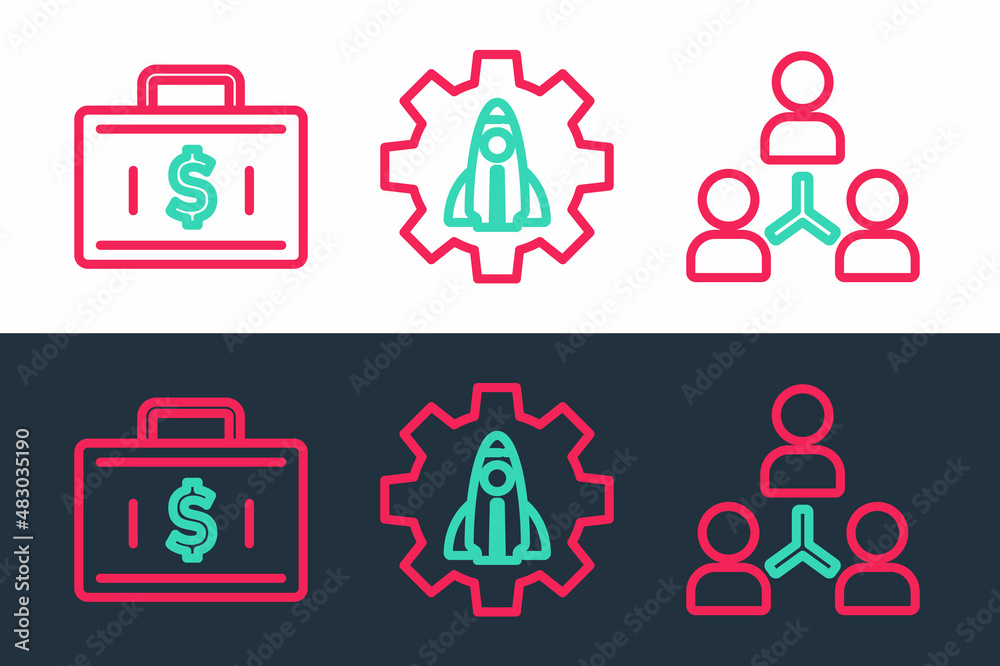 Set line Project team base, Briefcase and money and Startup project concept icon. Vector