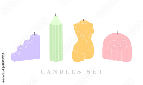 Set of scanted candles with natural wax and essential oils. Colorful elements for home decoration or aromatherapy. Hand drawn vector illustration isolated on light background. Flat cartoon style.