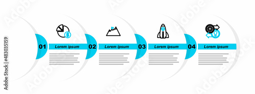 Set line Human resources, Startup project concept, Mountains with flag and Pie chart and dollar icon. Vector
