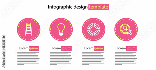 Set line Business lifebuoy, Create account screen, Light bulb with concept of idea and Stair finish flag icon. Vector