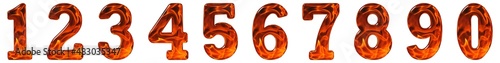 Set of arabic numbers, emitation flame texture, 3D illustration, isolated on white background