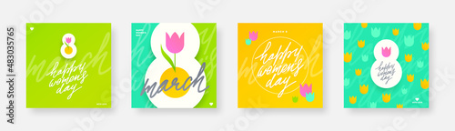 Set of Happy women's day greeting card. March 8 Holiday poster with type design and tulip flower. Design for greeting card, cover, invitation, flyer and etc. International women's day vector illustrat